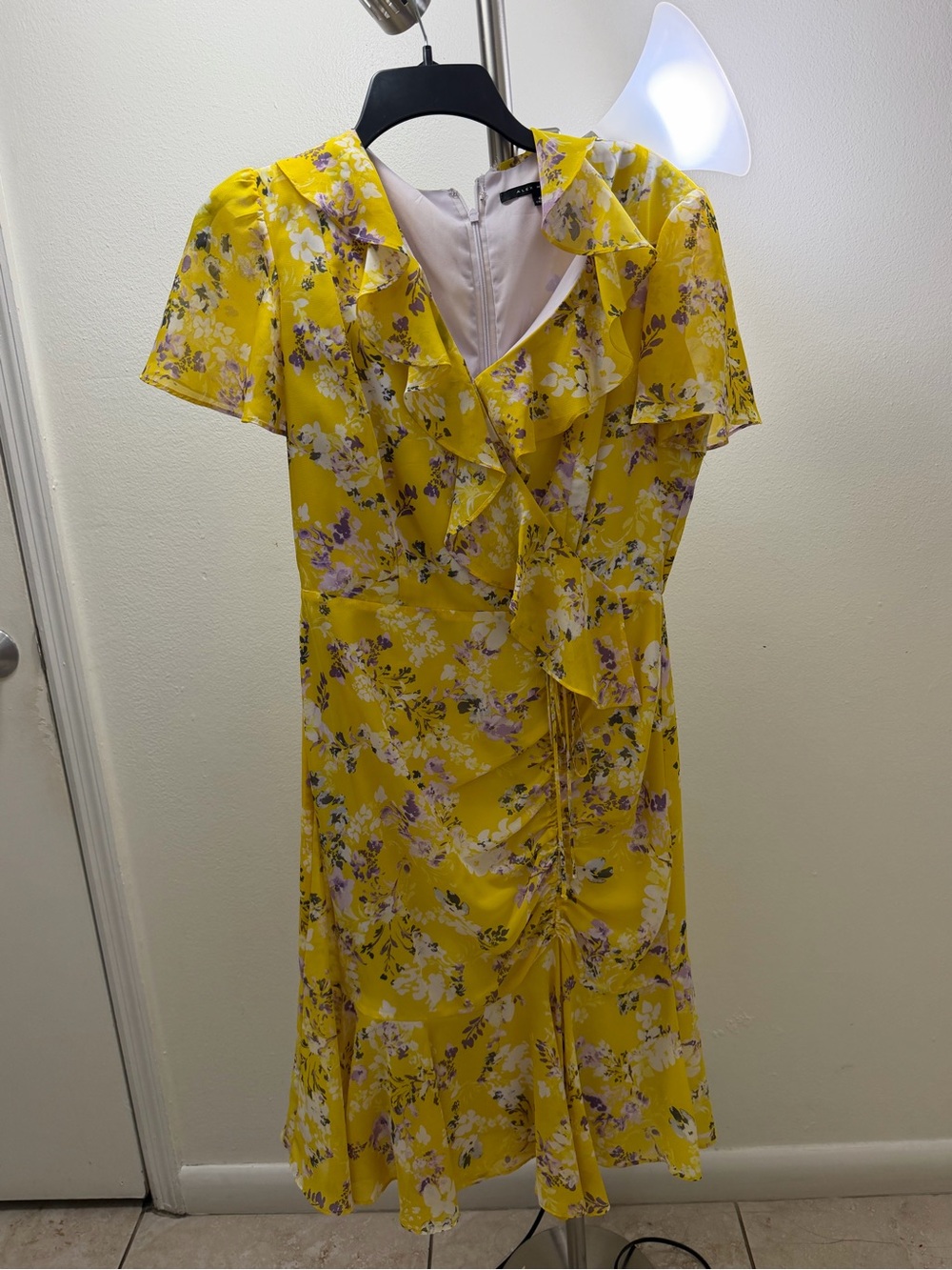 Alex Marie Yellow Floral Ruffle Wrap Dress